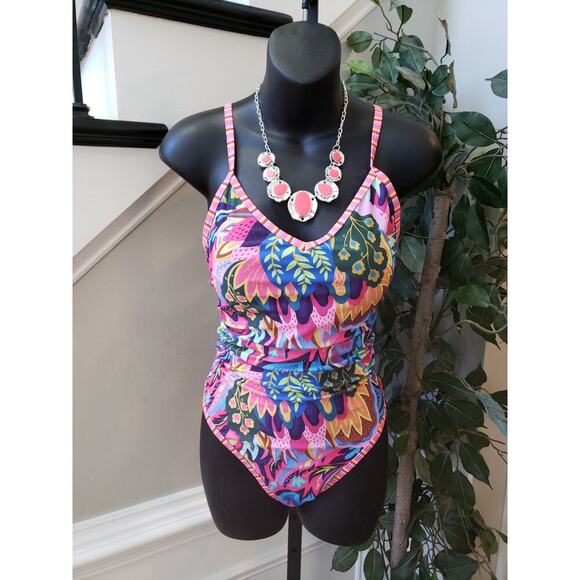 Women's Swimsuit Large Pink Floral Print Stretch O Ring Back Spaghetti Strap - Picture 1 of 7